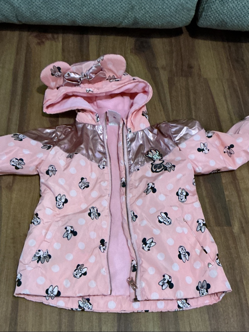 Pink Minnie Mouse Polka Dot Kids One-Piece Hooded Jacket great condition sz 4